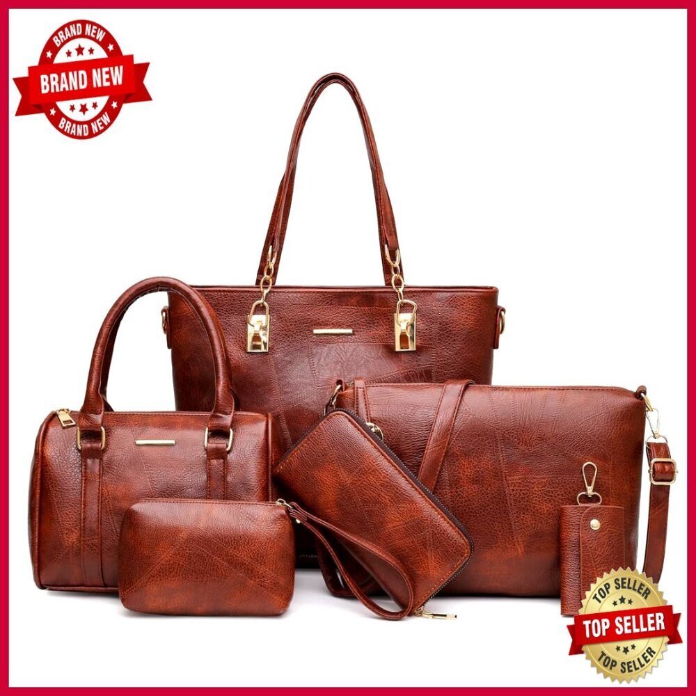 Large Faux Leather Tote Satchel Shoulder Bag Set with 6 Pieces
